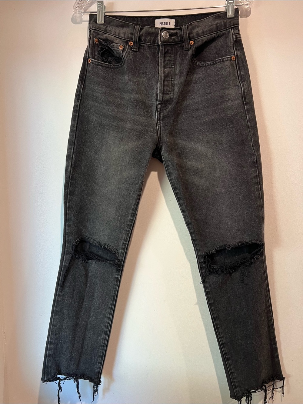 Pistola Distressed Black Straight Leg Jeans Raw Hem 100% Cotton 26 Button Fly